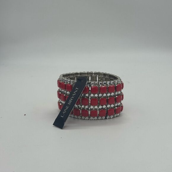 Lane Bryant 2 inch Width Sparkling Red Silver tone Bangle Style Bracelet - Picture 5 of 5